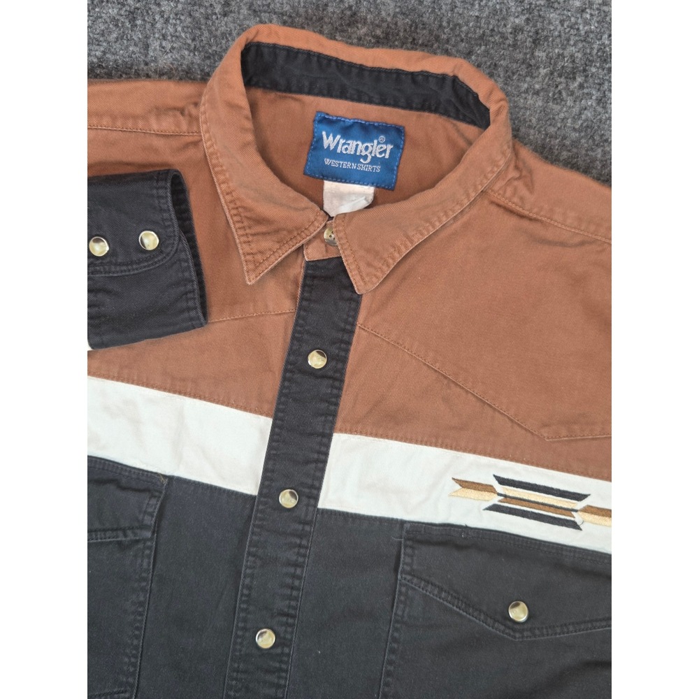 Wrangler Western Shirt Mens XL Brown Black Colorblock Pearl Snap Embroidered